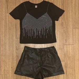 Forever 21 Black Rhinestone Tee and Faux Leather Shorts